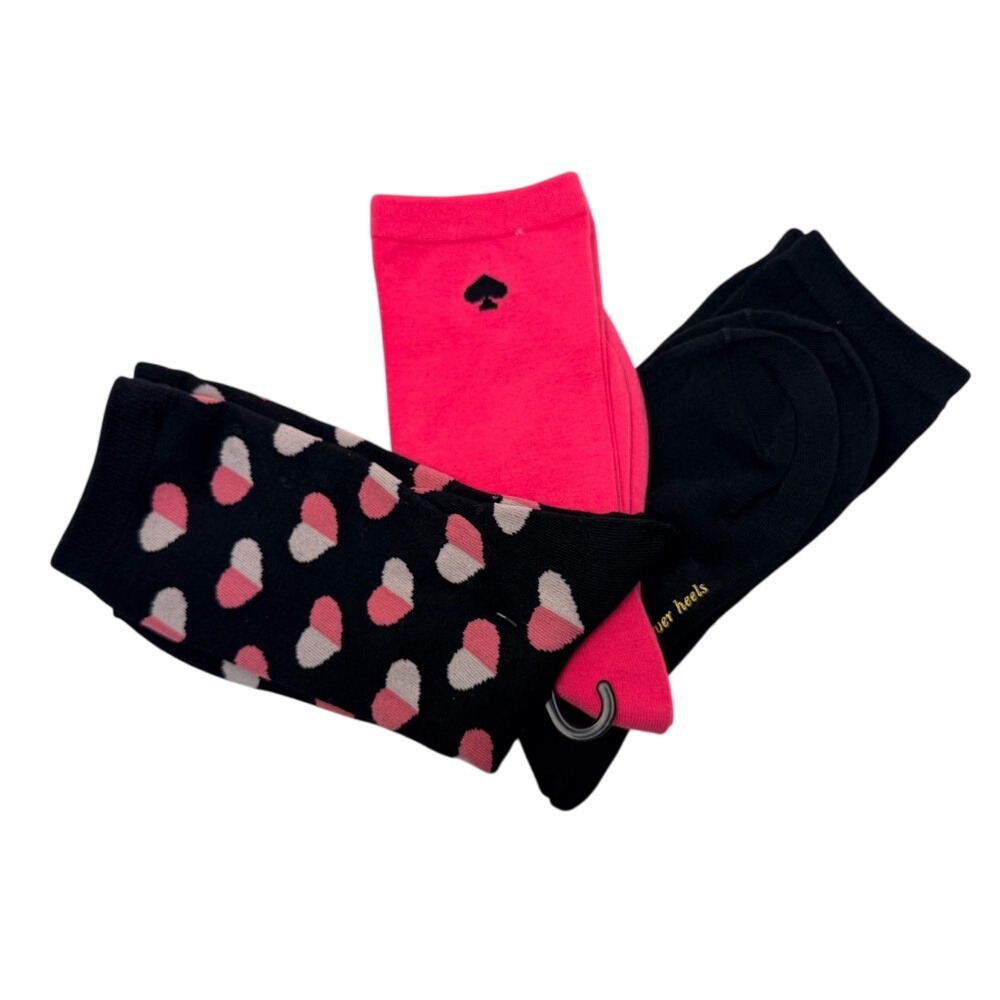 Kate Spade New York 3‎ Pack Crew Socks Black Pink Heart Head Over Heels